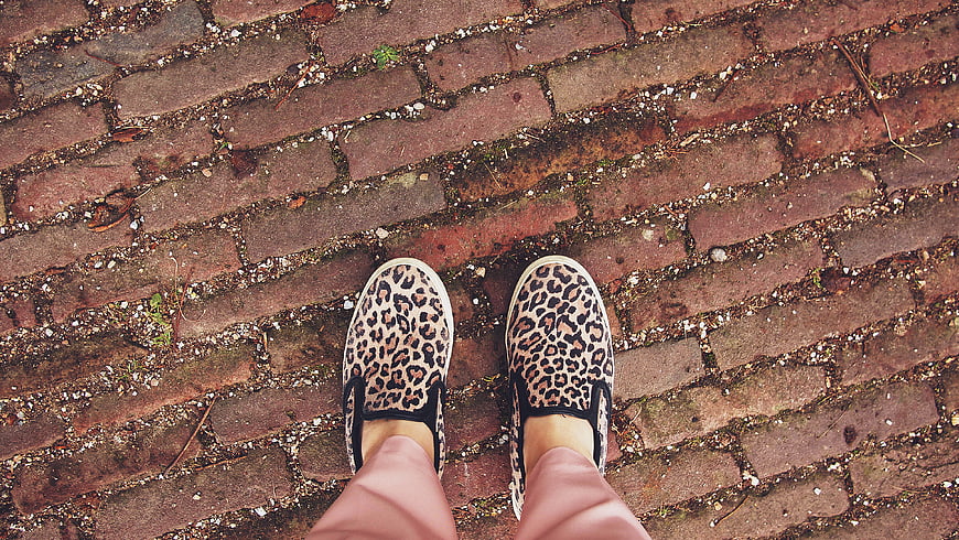 Leopard print slip-on shoes on brick pavement