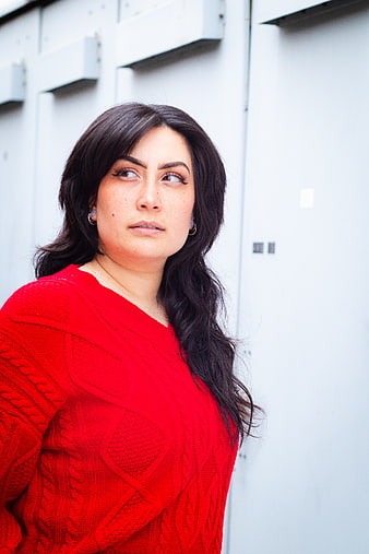 Woman in Red Cable Knit Sweater Portrait