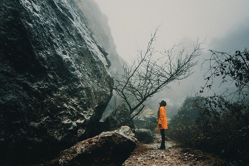 Woman in Orange Jacket Standing in Misty Mountain Gorge