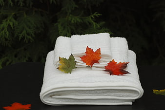 Stack of white towels with autumn maple leaves