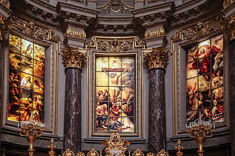 Ornate Baroque Church Interior with Religious Stained Glass Windows