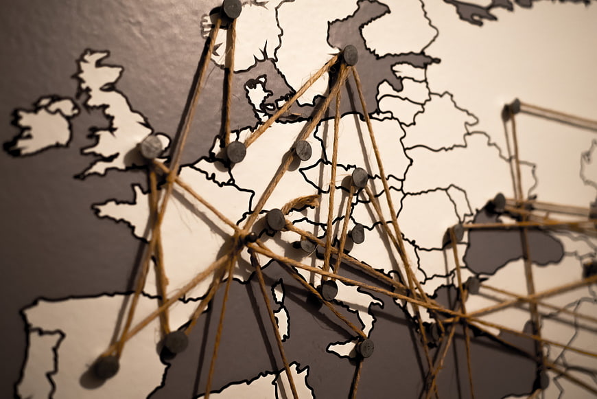 String art map of Europe showing travel connections