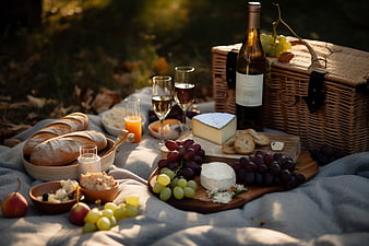 Outdoor picnic spread with wine, cheese, and bread on a blanket
