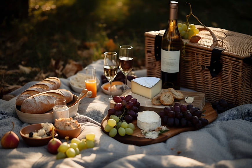 Outdoor picnic spread with wine, cheese, and bread on a blanket
