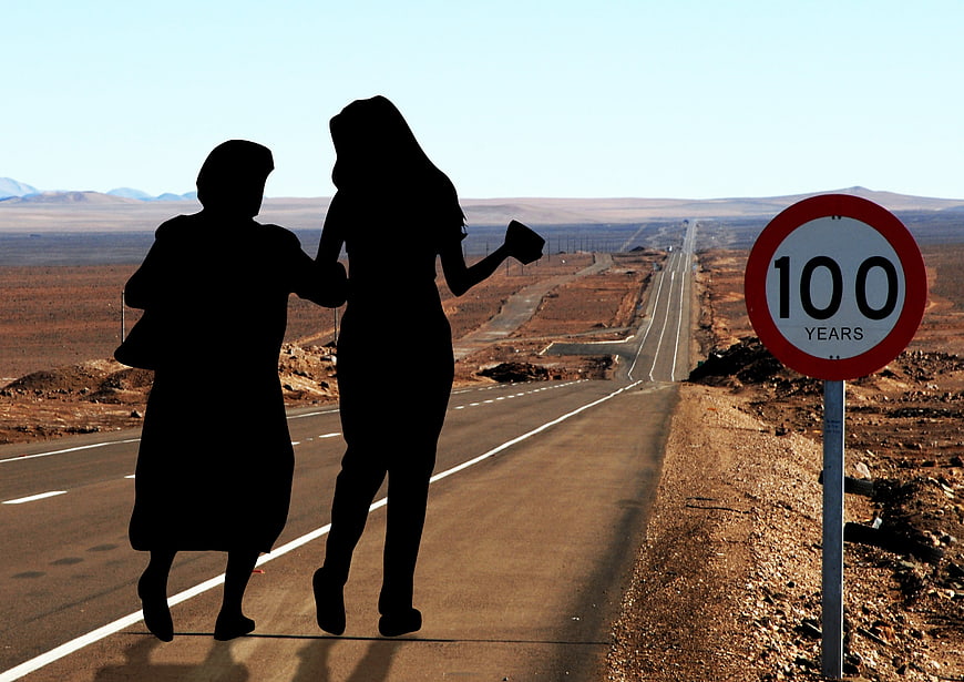 Silhouettes of Two Women Walking on Desert Highway Near 100 Years Sign