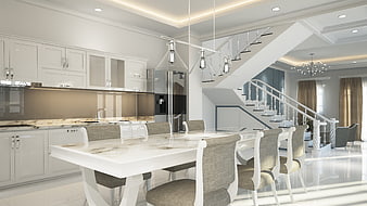 Luxurious White Neoclassical Kitchen and Dining Room Interior