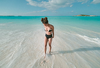 Woman in Bikini Walking on Tropical Beach Shore