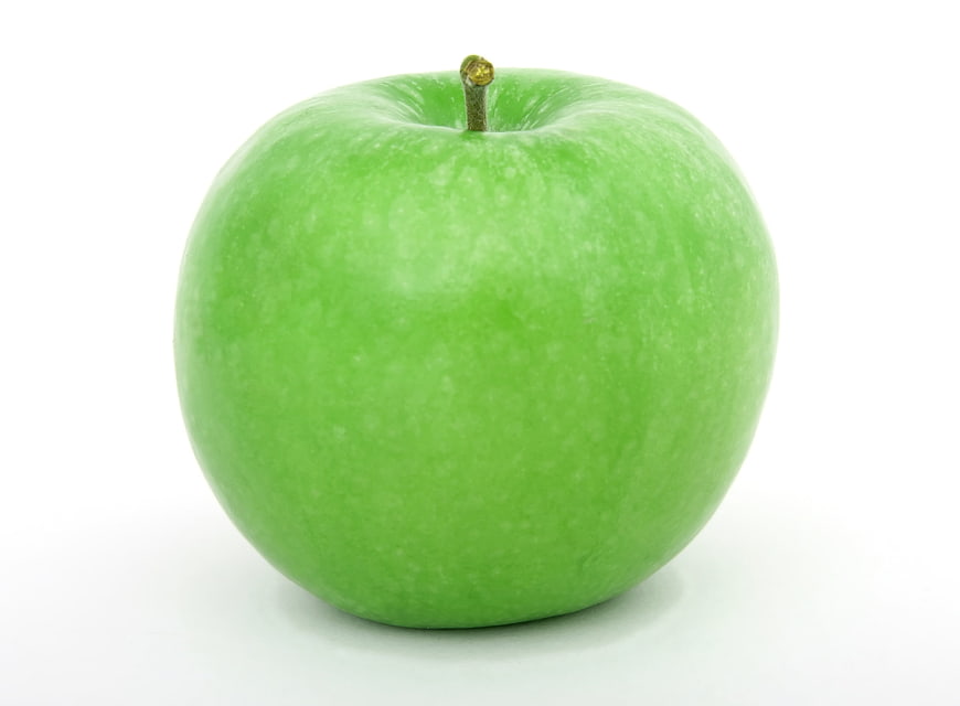 Single fresh green apple with stem on a clean white background