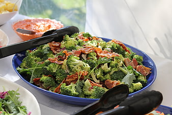 Catering Broccoli Bacon Salad in Blue Bowl