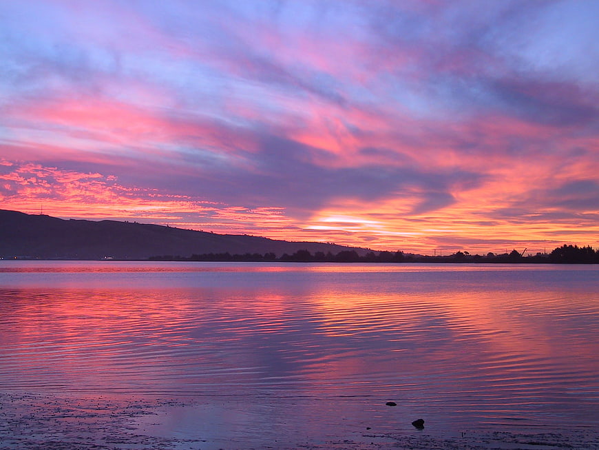 Vibrant Pink and Purple Sunset Over Calm Lake with Reflections