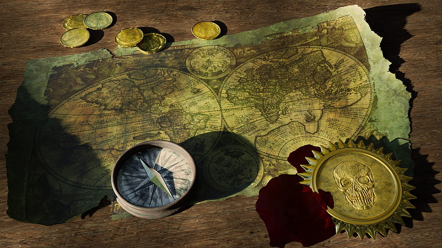 Vintage treasure map with compass, gold coins, and skull medallion