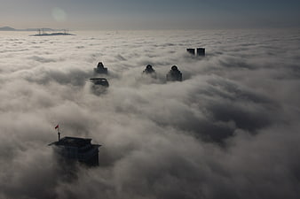 City skyscrapers emerging from thick sea of fog