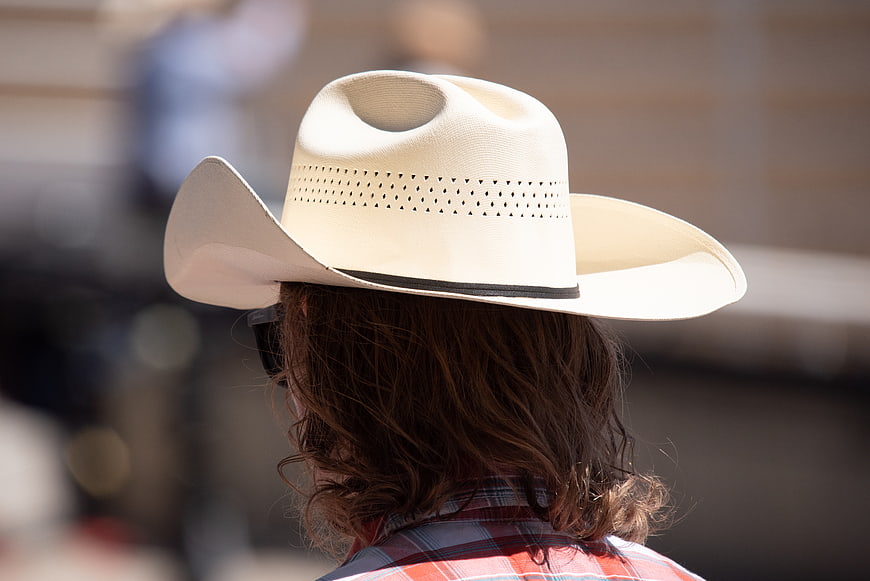 Rear View of Person Wearing White Cowboy Hat and Plaid Shirt