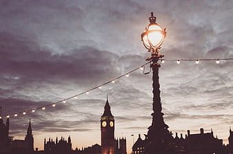 London Skyline with Big Ben and Street Lamp at Dusk