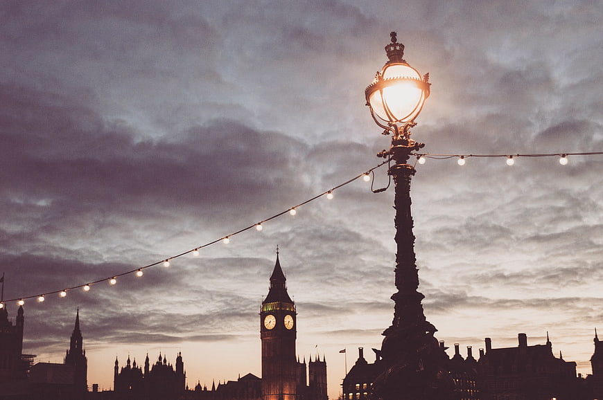 London Skyline with Big Ben and Street Lamp at Dusk
