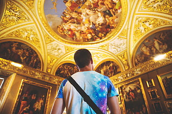 Man admiring ornate ceiling frescoes in a grand art museum