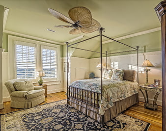 Cozy Bedroom Interior with Canopy Bed and Green Walls