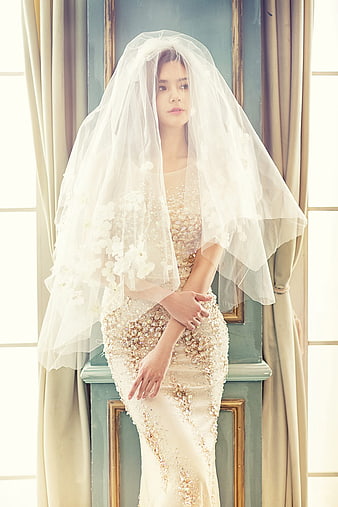 Elegant Asian Bride in Beaded Gown and Floral Veil