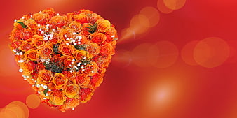 Heart-shaped orange rose bouquet on red background
