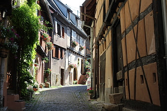 Cobblestone Street in Medieval European Village with Half-Timbered Houses