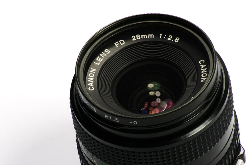 Close-up of Vintage Canon FD 28mm Camera Lens