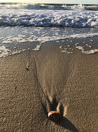Rusty Object on Wet Sand with Ocean Waves