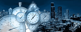 Blue stopwatch clocks overlaid on city skyline at night