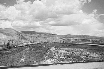 Black and white desert landscape with mountains and clouds