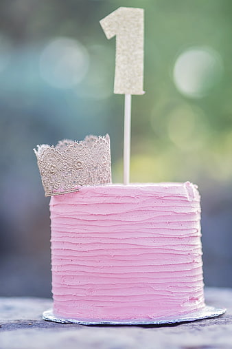 Pink First Birthday Cake with Gold Crown and Number One Topper