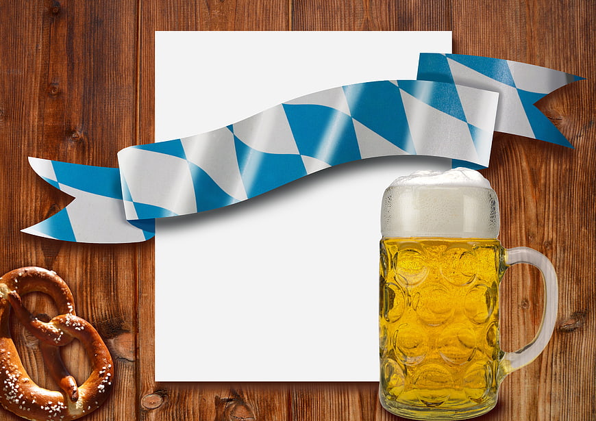 Oktoberfest Beer Mug Pretzel Banner on Wood Background