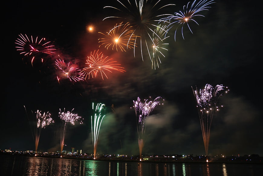 Colorful fireworks exploding over city skyline at night