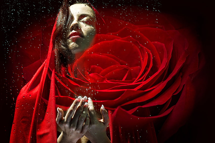 Surreal Portrait of Woman with Red Rose and Rain