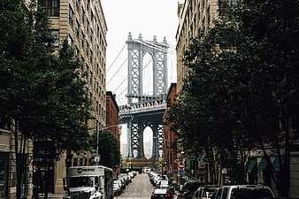 Manhattan Bridge View from DUMBO Street with Parked Cars