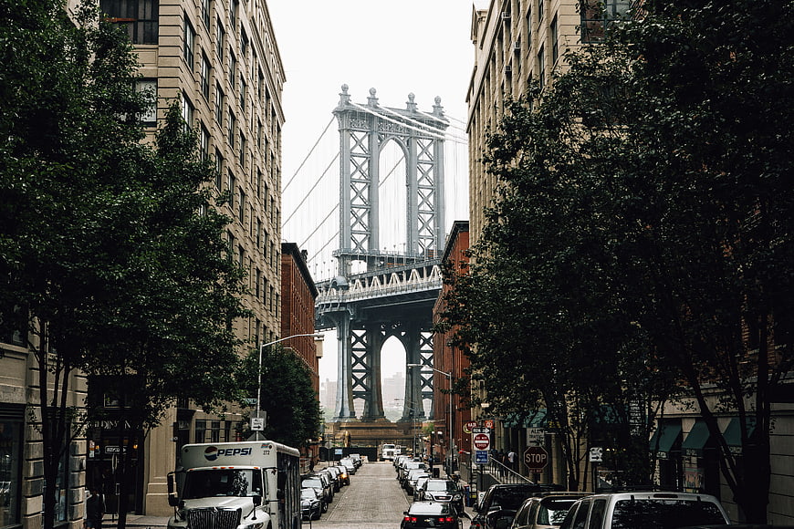 Manhattan Bridge View from DUMBO Street with Parked Cars