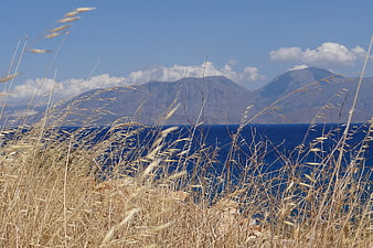 Golden grass foreground with blue sea and mountains in Crete
