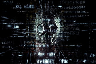 Gas mask with digital code overlay representing cyber security