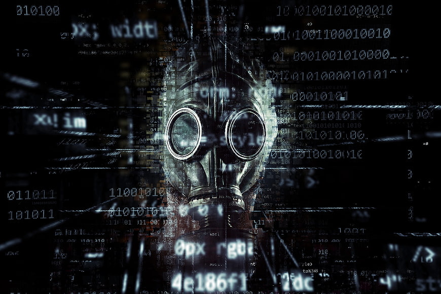 Gas mask with digital code overlay representing cyber security