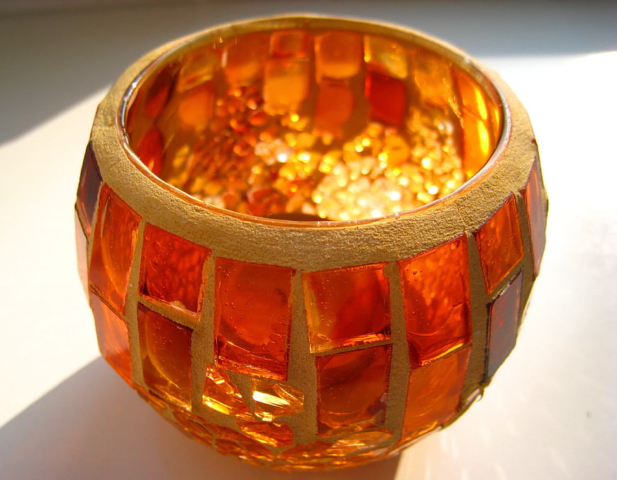 Amber Glass Mosaic Candle Holder with Gold Rim
