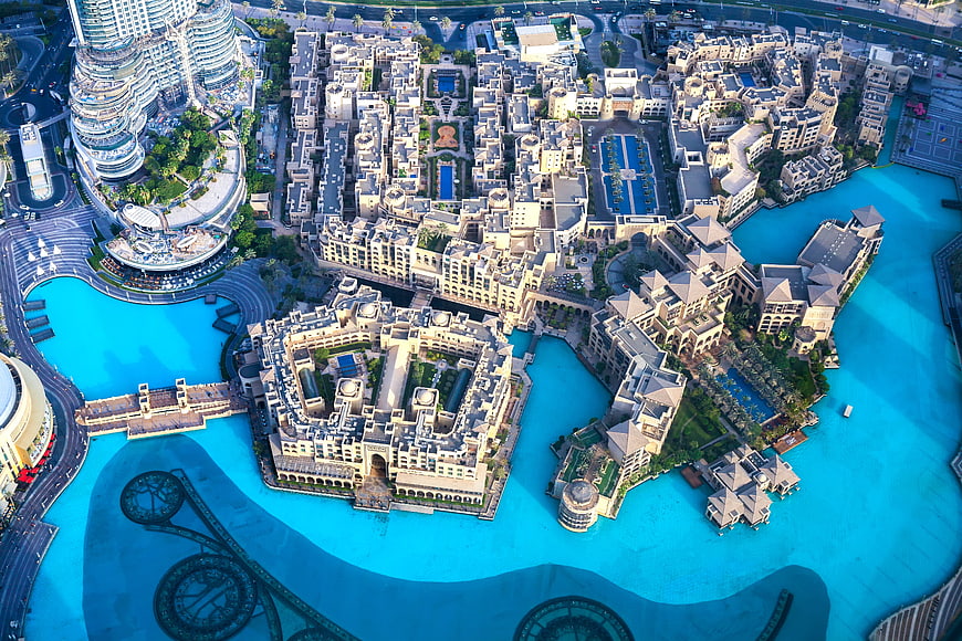 Aerial View of Dubai City Architecture and Water Features