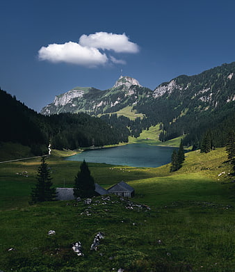 Alpine Lake Landscape with Mountain Peak and Clouds