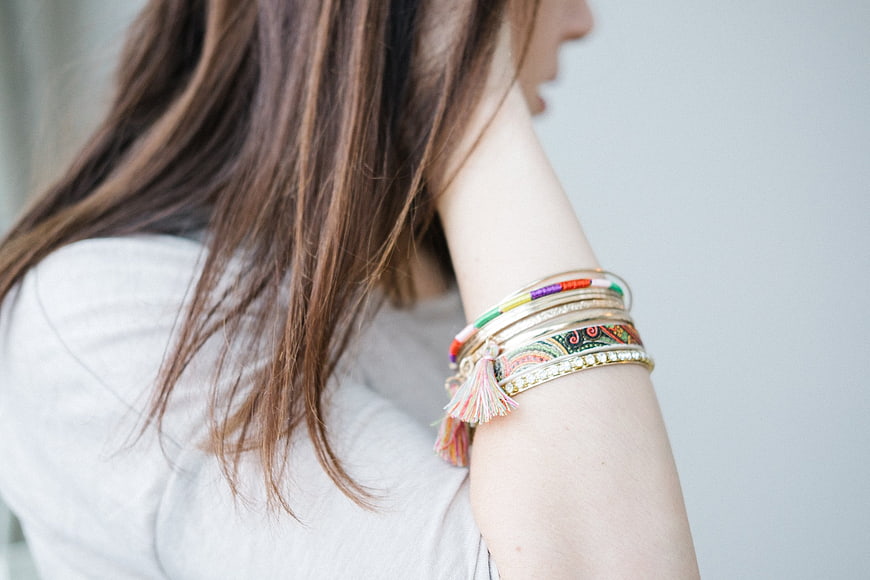 Woman Wearing Colorful Bohemian Bracelets on Wrist