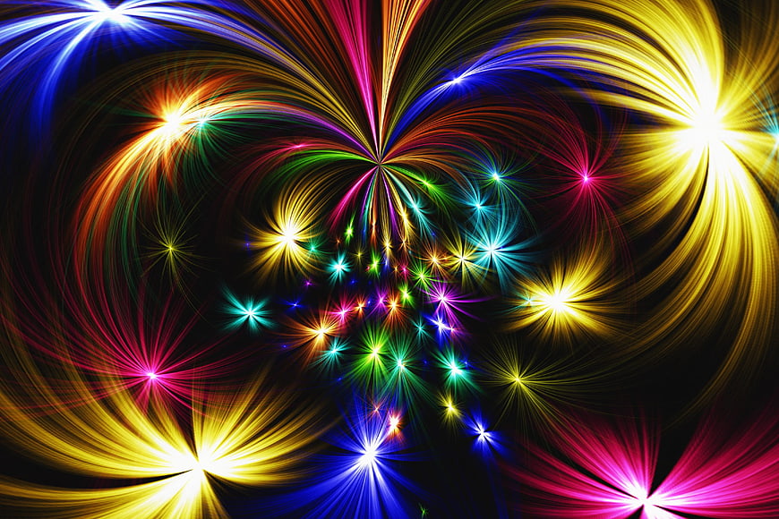 Abstract Multicolored Starburst Light Patterns on Black Background