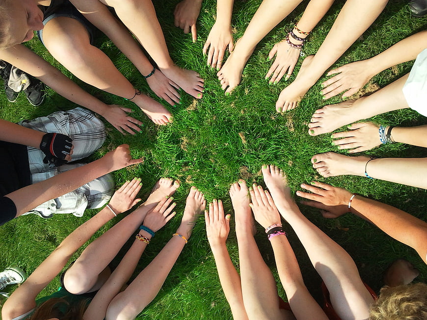 Top view of group hands and feet in circle on grass