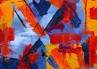 Abstract Acrylic Painting with Vibrant Orange and Blue Brushstrokes