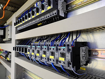 Close-up of Siemens electrical control cabinet with circuit breakers