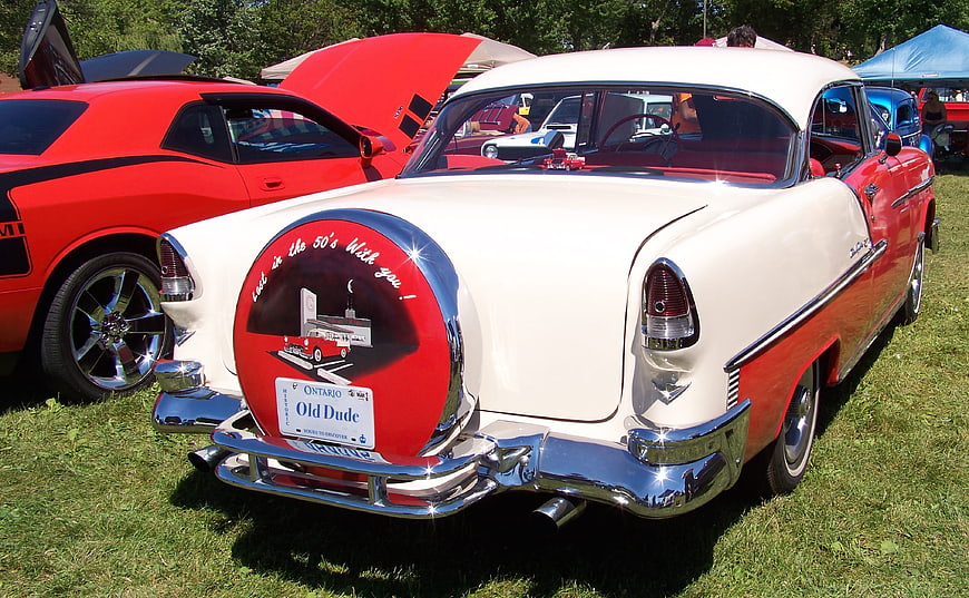 Vintage 1950s Red and White Classic Car at Outdoor Show