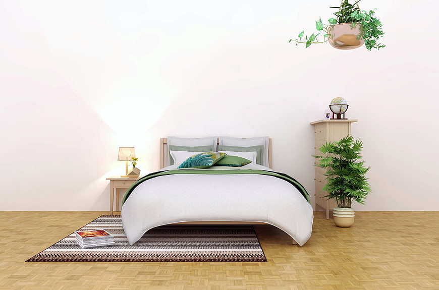 Modern Minimalist Bedroom Interior With Green Accents And Wooden Furniture