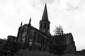 Moody Black and White Gothic Church with Spire