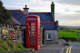 Red Telephone Booth in Rural Northern Ireland Village