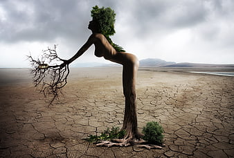 Surreal female tree hybrid standing in cracked desert landscape